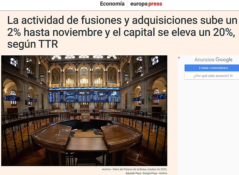 La actividad de fusiones y adquisiciones sube un 2% hasta noviembre y el capital se eleva un 20%, segn TTR